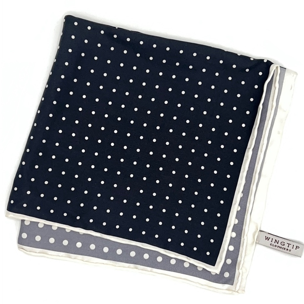 WINGTIP Clothiers pocket square, Black with White Polka Dots, 100% Silk